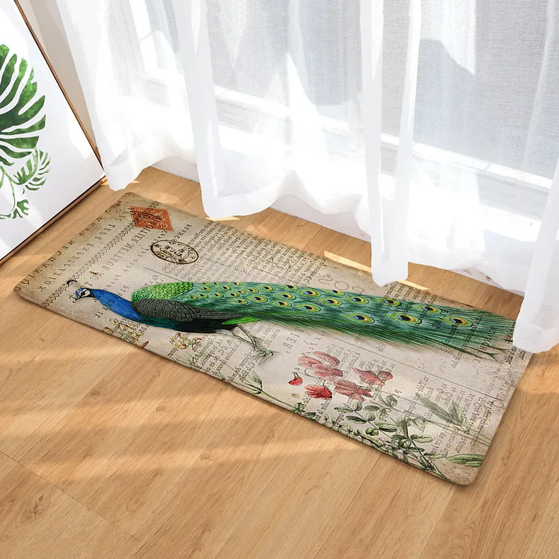 

Flannel Long Floor Mat Door Mat Heat Transfer Printing Peacock Kitchen Bathroom Water-Absorbing Non-Slip Mat Carpet