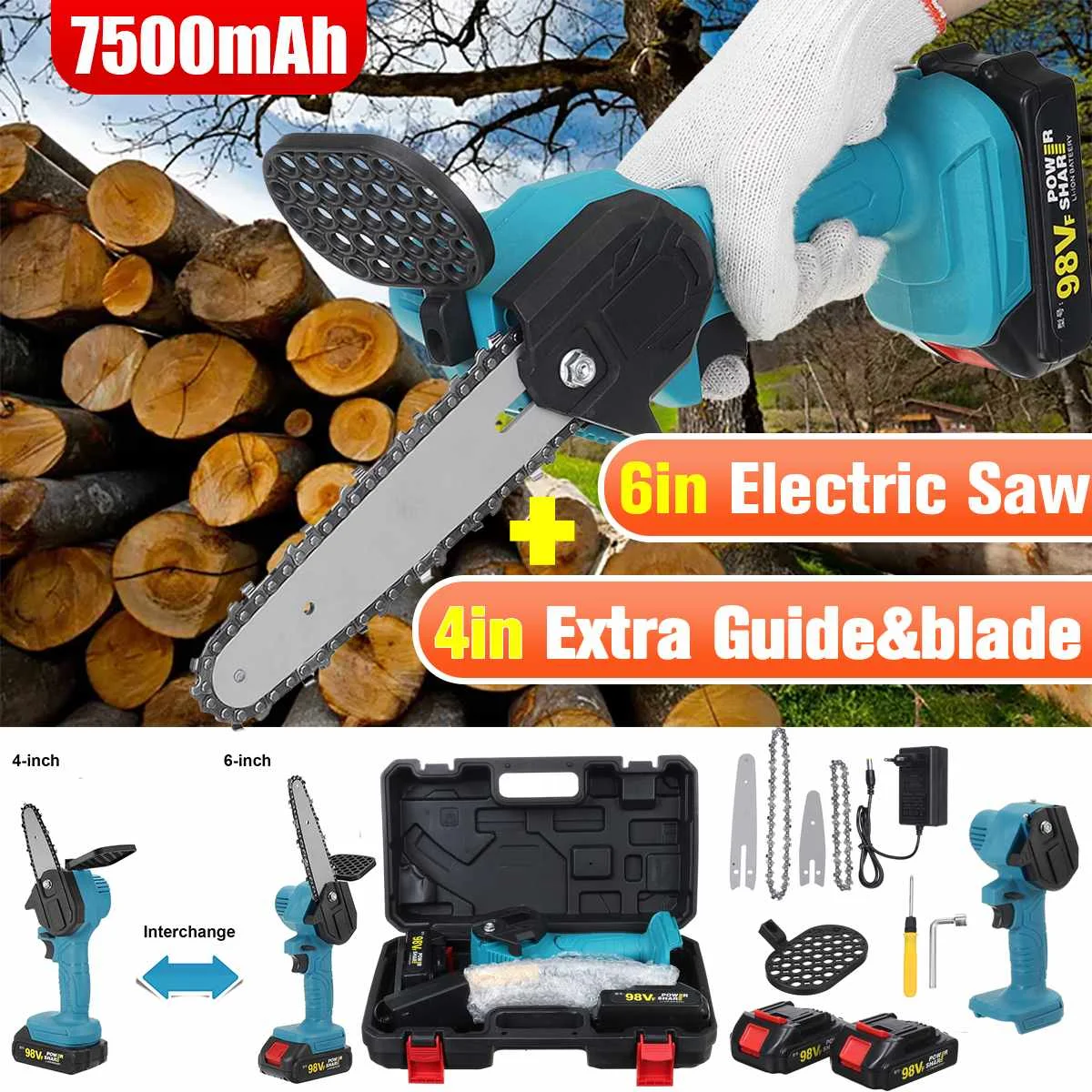 

88VF 4 Inch Mini Electric Saw Chainsaw Garden Tree Logging Saw Woodworking Tools Wood Cutters For Makita Battery