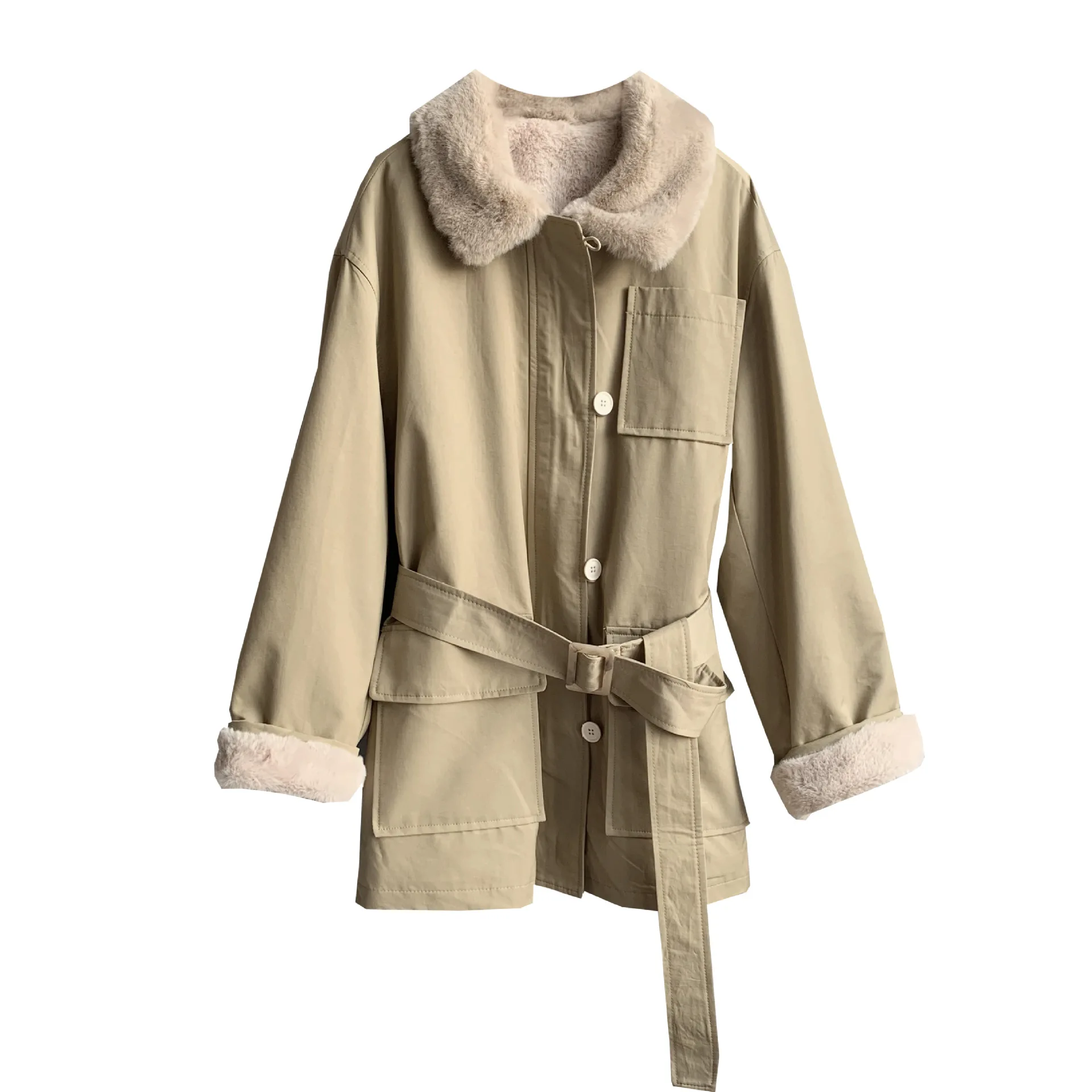 

New 2020 Winter Liner Imitation Rabbit Fur Trench Coat Women Korean Long-sleeved Bandage Slim Jacket Cotton-padded Clothes