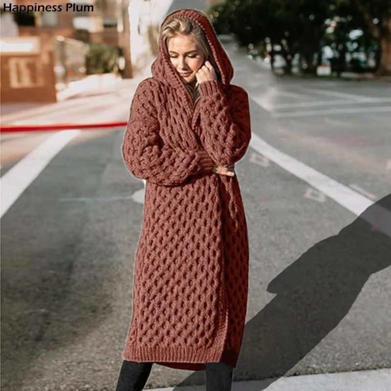 

Women's Knitted Sweater Winter Thick Warm Hooded Long Sweater Women Long Sleeve Vintage Sweater Outwear Plus Size Coat