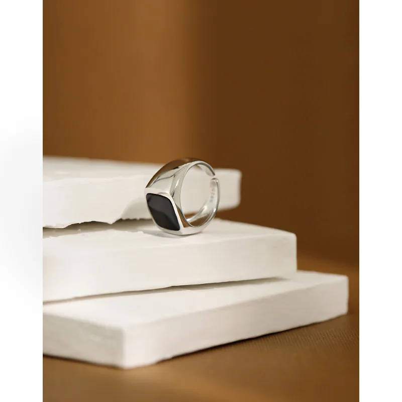 

YPAY 100% Authentic 925 Sterling Silver Open Rings for Women Korea Geometric Square Black Glue Finger Ring Fine Jewelry YMR1052
