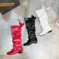fashion womens motorcycle boot 2022 spring new red pu round toe high tube boots woman casual rear lacing mid heel shoes women