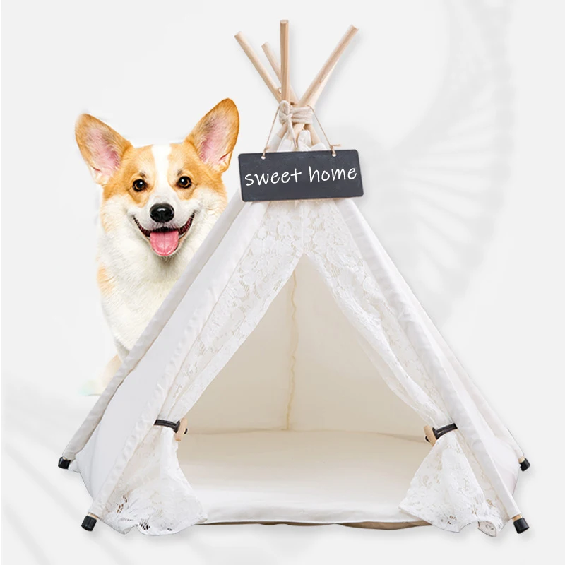

Pet House Dog Bed Lovely Cat Teepee Portable Pet Tents Indoor Modern Houses with Cushion Canvas Kennel for Small Dogs Cats Puppy