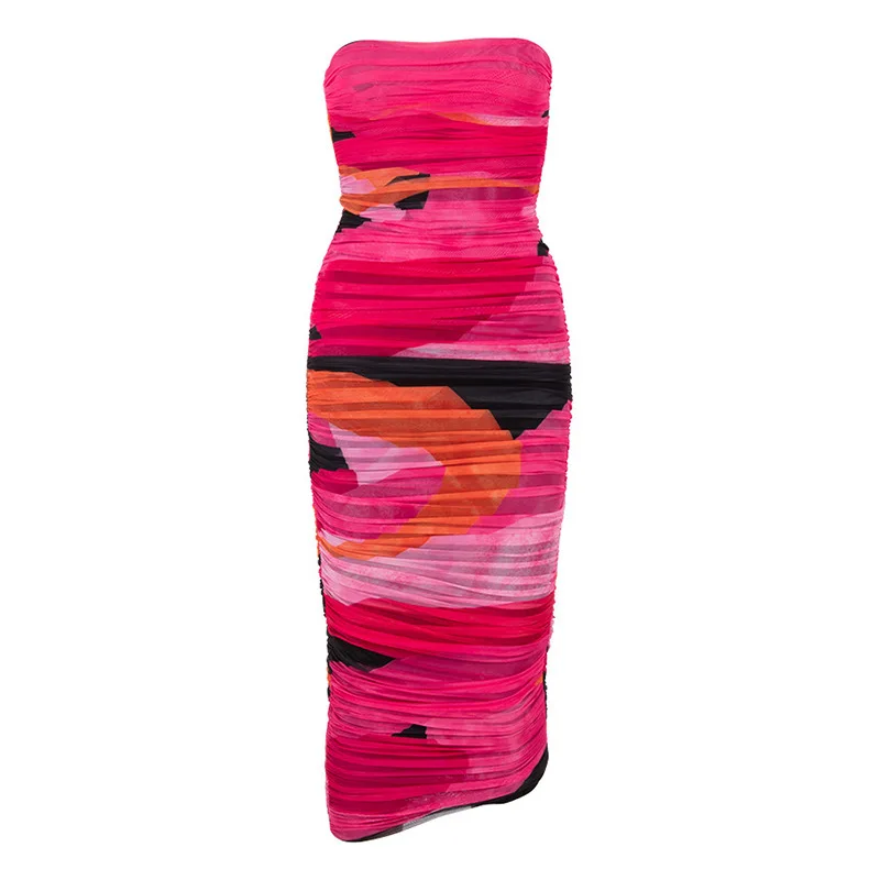 

2021 Summer Women's Party Sexy Double-layer Mesh Printing Pleated Hip Tube Top Skirt Dress