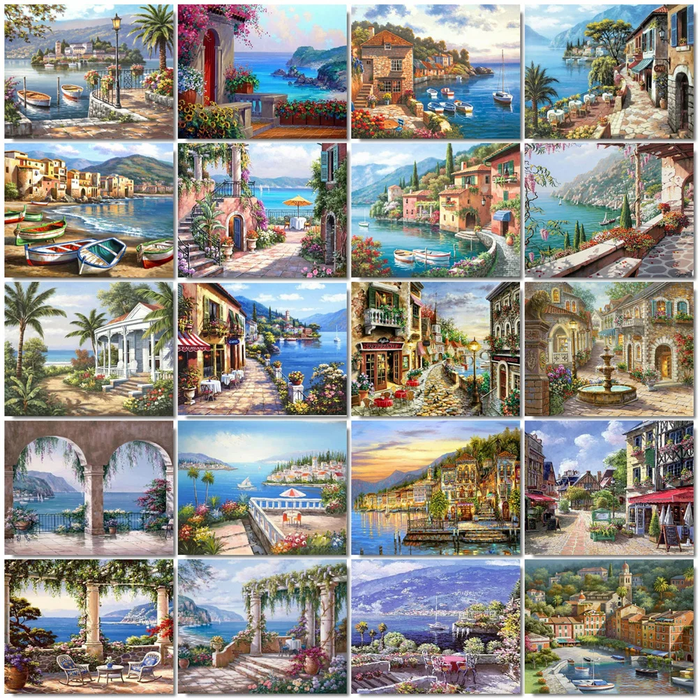 

HUACAN Picture By Numbers Town Landscape Wall Art HandPainted Unique Gift Paint By Number Seaside For Living Room