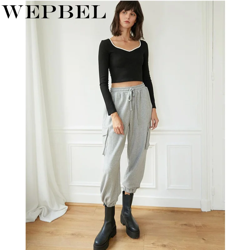 

WEPBEL Women Spring Sexy Skinny Stretchy Shirt Crop Top Lady Elegant Long Sleeve V Neck Slim Fit Knitted Short Bottoming T-shirt