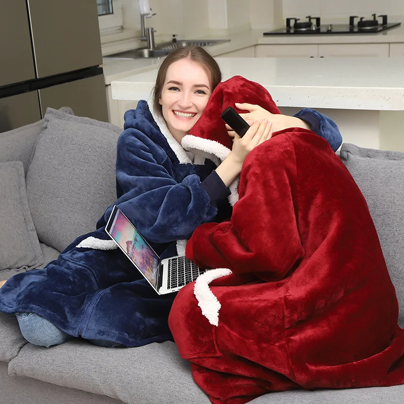 

Winter Warm TV Pocket Hooded Adults Kids Plush Coats Sofa Cozy Blankets Oversized Flannel Blankets Outdoor Zipper Hoodie