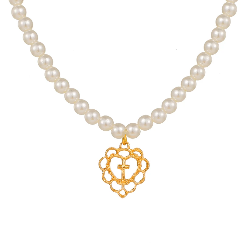

Punk Gothic Harajuku Pearl Chain Hollow Heart Shaped Pendant Retro Court Cross Choker Necklace Fashion Jewelry for Women Girls