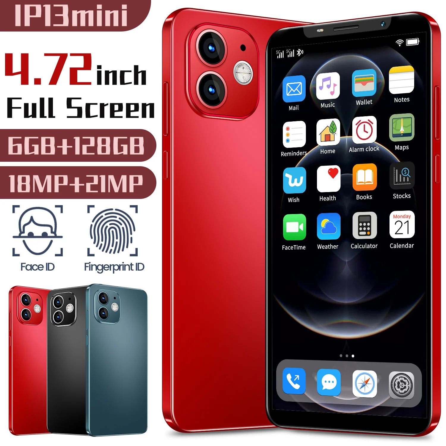 

IP13 MINI Cheap Smartphones Android 8GB RAM + 256 GB ROM Memory 18+21MP 5G Mobile Phone Face ID Unlock Dual SIM Card Cell Phone