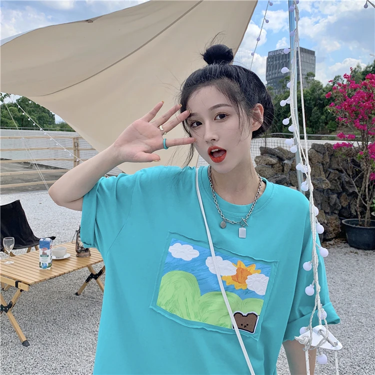 

YTX1406 2021 new small fresh and lovely age-reducing printing loose mid-length short-sleeved T-shirt