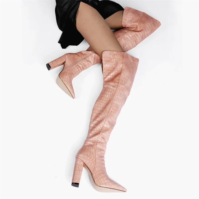

Long Boots European And American Style Fashion Stone Pattern Pointed Thick Heels Pink Over Knee Boots European And Women's Boots