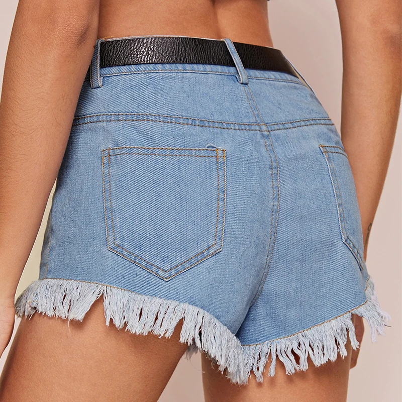 

Retro Fashion Fringed High Waist Denim Shorts For Ladies Solid Color All-Match Sexy Pants