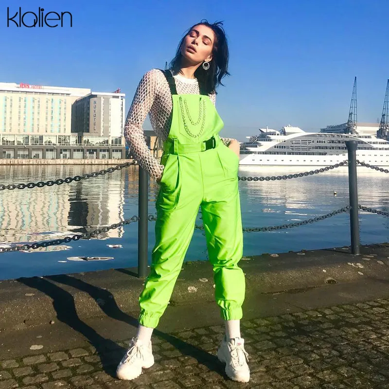 KLALIEN Плечи сумка пряжки ремень карман молния центр с цепочкой уличная комбинезоны горячая Распродажа флуоресцентные зеленые брюки