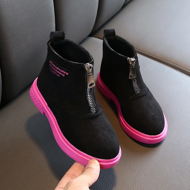 Детские замшевые ботинки на молнии ботильоны цвета хаки с заплатками для девочек