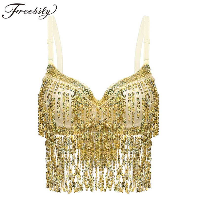 

Women Adult Sequins Padded Bra Tassel Fringed Latin Jazz Belly Dance Tops Clubwear Party Festival Rave Stage Performance Costume