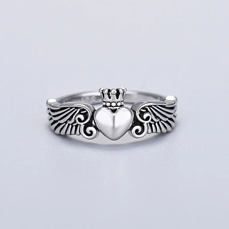 

Fashion Crown Heart Adjustable Ring Statement Angel Wings Open Ring Jewelry Romantic Design Wedding Birthday Party Gifts Zhou's