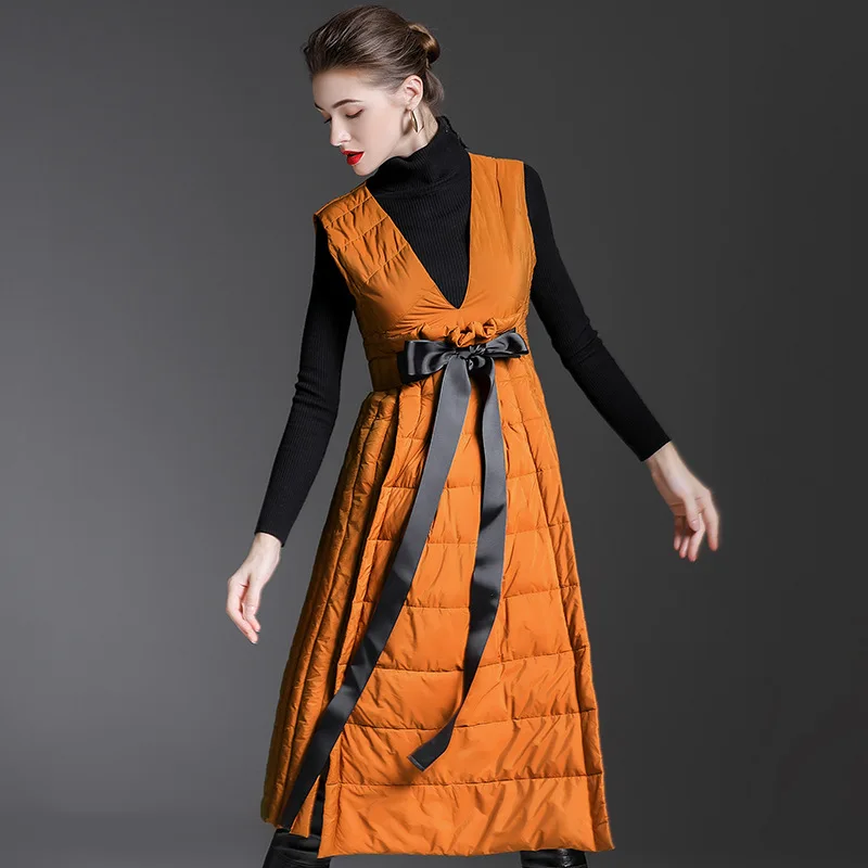 90% Duck down dress winter women's luxury fashion v-neck autumn and winter long irregular skirt sleeveless down jacket winter
