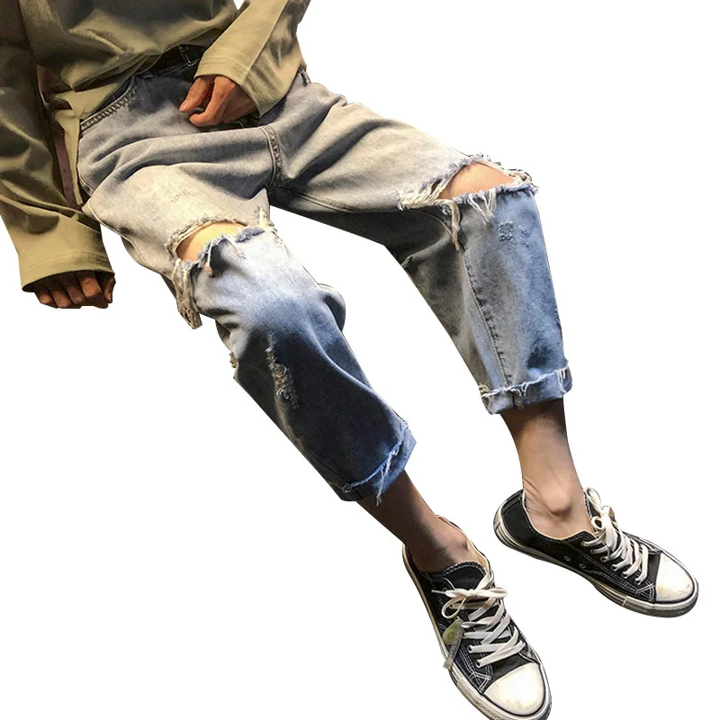 

Spring 2021 Skinny Jeans for Men with Slim Legs Nine Cropped Pants for Men with Hip Hop Holes
