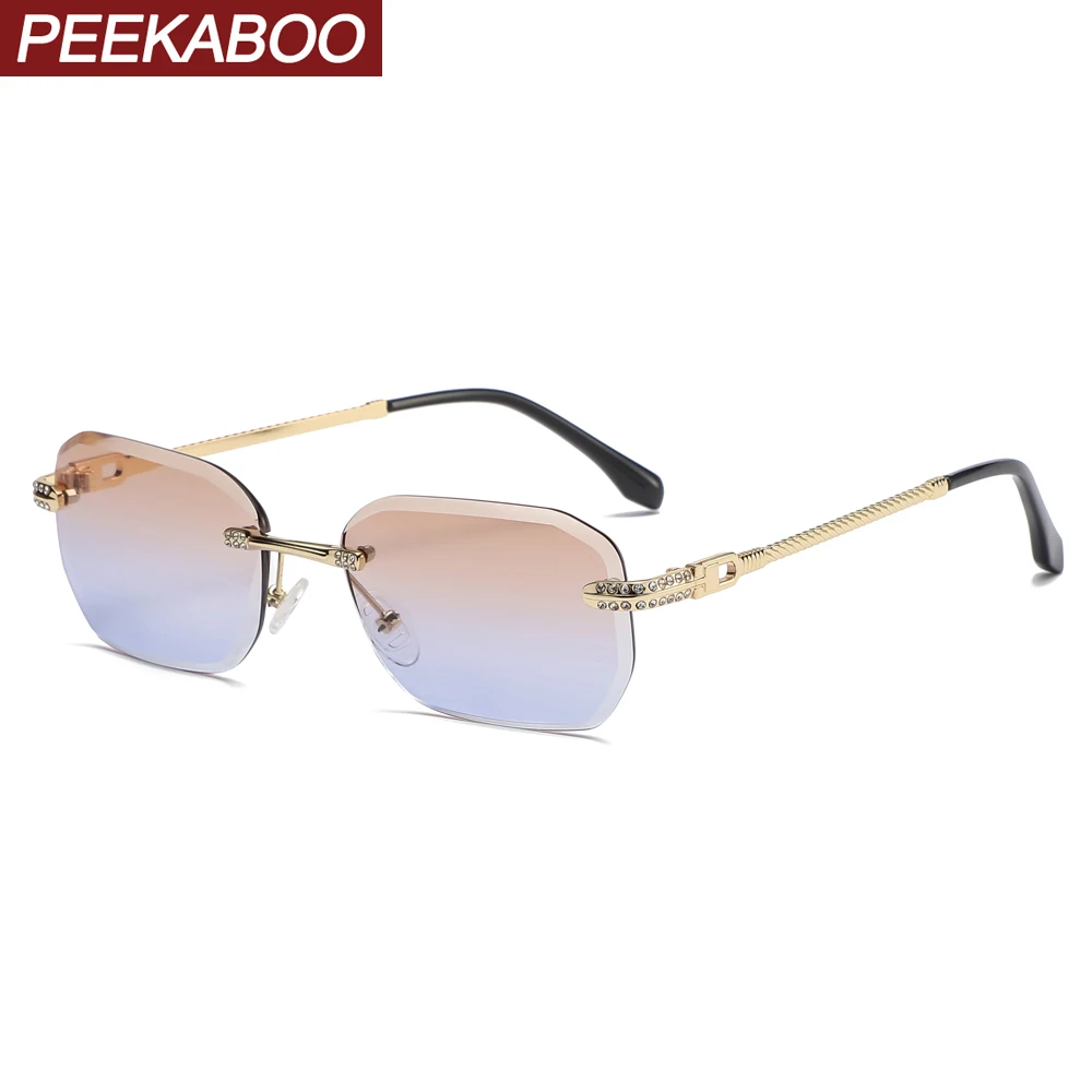 

Peekaboo fashion rimless sunglasses square men gradient lens frameless metal sun glasses for women rhinestones decoration uv400