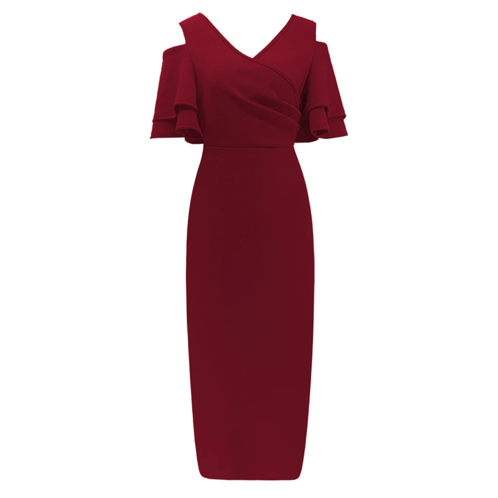 

Women's Deep V Neck Butterfly Sleeve Slim Solid Color Sexy Sheath Fashion Casual Party Mid-Calf Dress