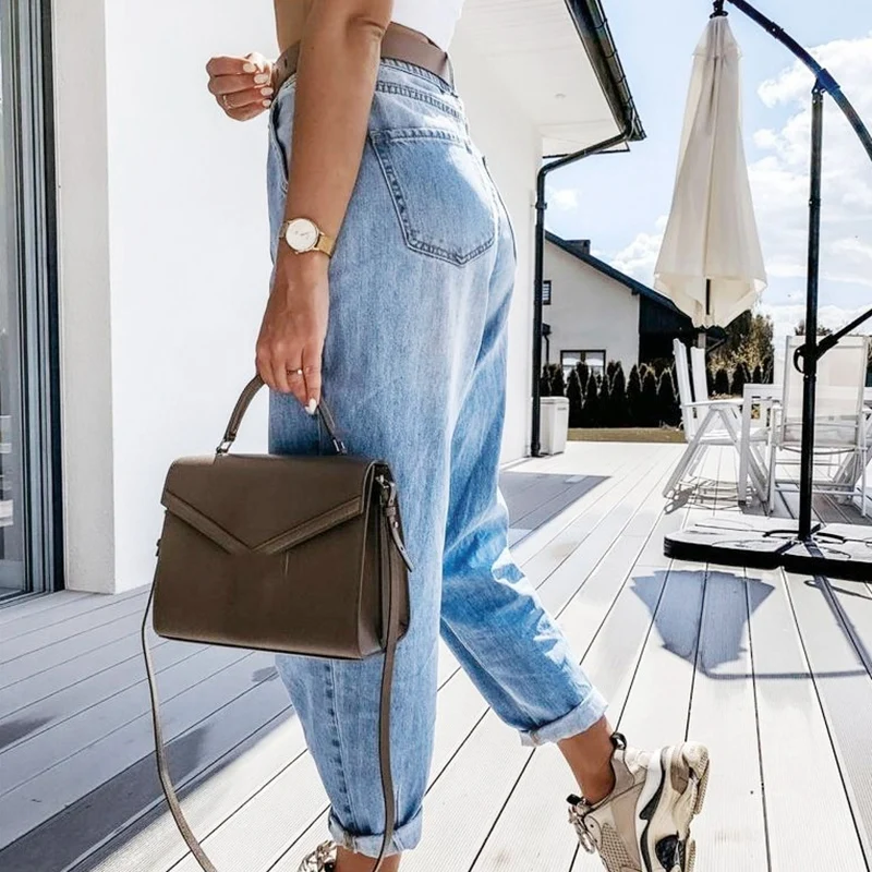 

Women Full Length Pants Jeans High Waist Washed Jeans Pockets Bleached Fashion Casual Trousers