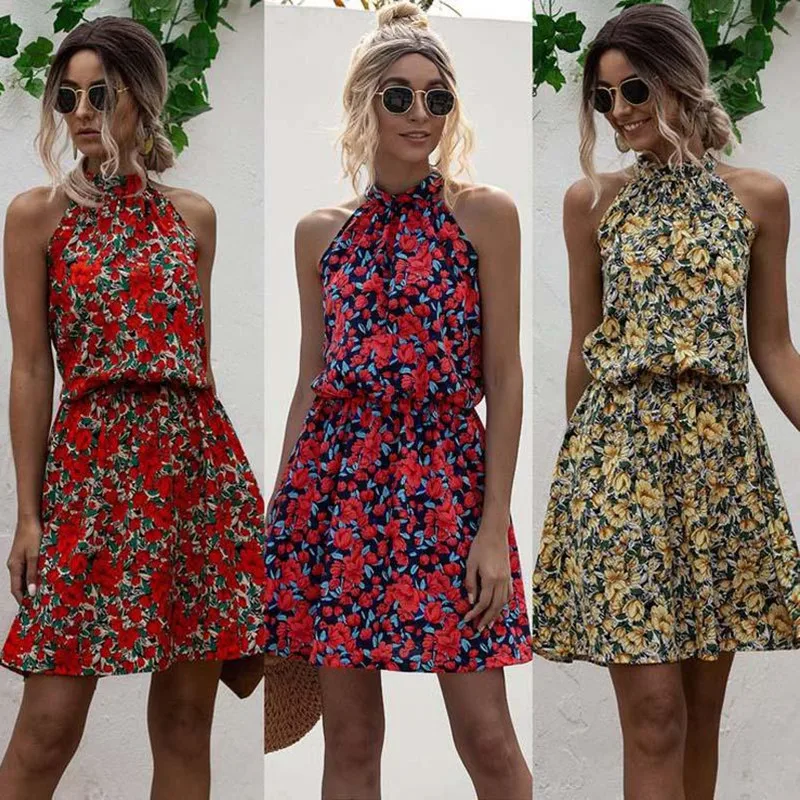 

2020 Summer A Line Holiday Dress Women Floral Short Dress Boho Elegant Ladies High Waist Halter Flower Party Red Dress Female