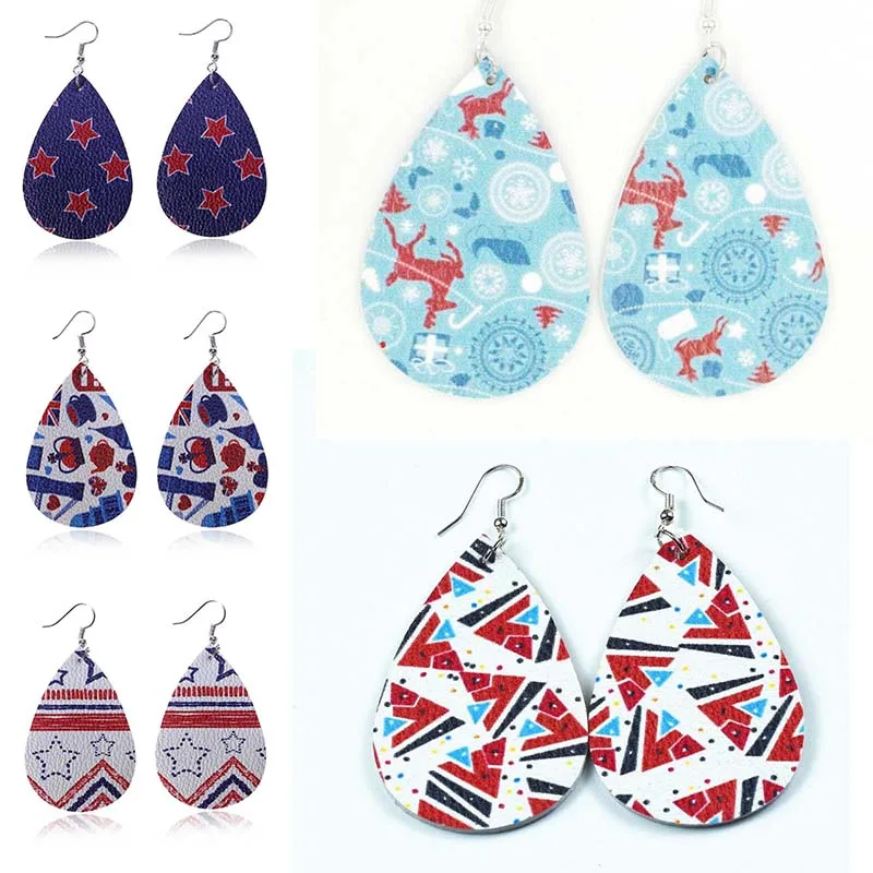 

Fashion Christmas Print Geometric Water Drop Shaped PU Leather Bohemia Dangle Drop Earrings Jewelry DIY Party Gift Hot