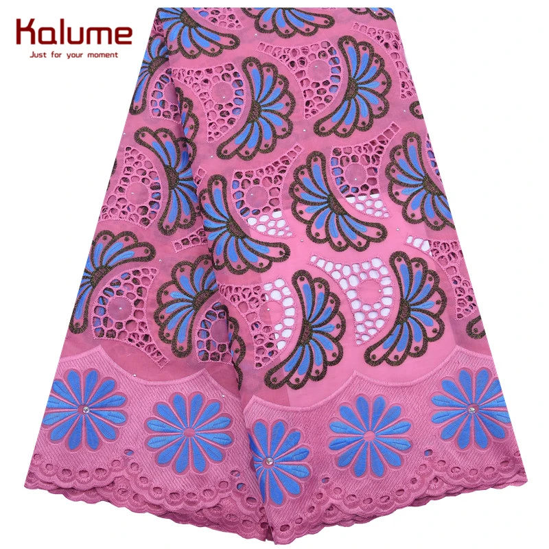 

Kalume New Arrival African Holes Cotton Lace Fabric Embroidery Dubai Cotton Lace Fabric With Stone For Nigerian Wedding Sew 1934