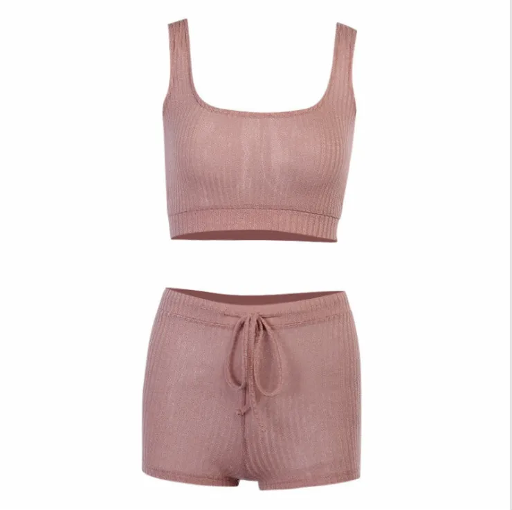 

Summer Women Casual Homwear Clothes Sets Sleeveless Crop Tops Tanks + Shorts Fitness Women's Gym Sport Outwear Solid Outfits Set