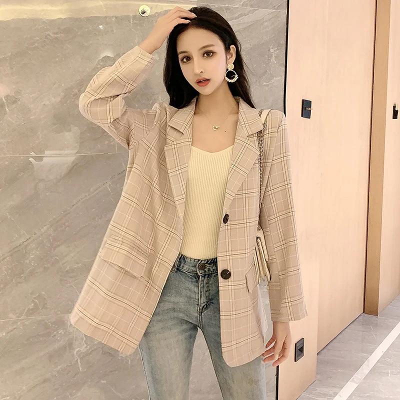 Женский клетчатый пиджак с карманами повседневный свободный офисный в Корейском