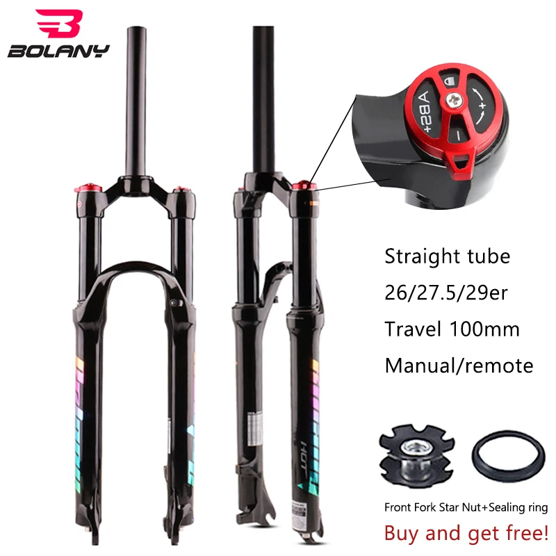 

Bolany Suspension Bicycle Fork 26/27.5/ 29inch Aluminum Alloy Air Straight MTB Forks Travel 100mm For Bicycle Accessories