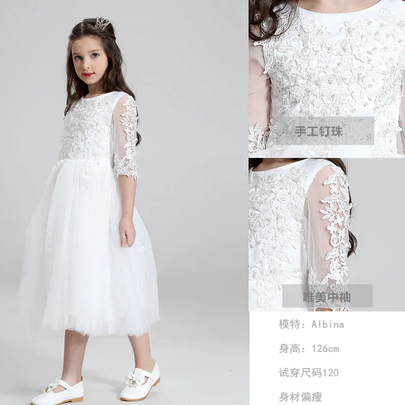 Vestidos de daminha/Белое фатиновое кружевное бальное платье с бисером; Платья с цветочным узором для девочек с короткими рукавами на свадьбу; коллекция года; платья для первого причастия