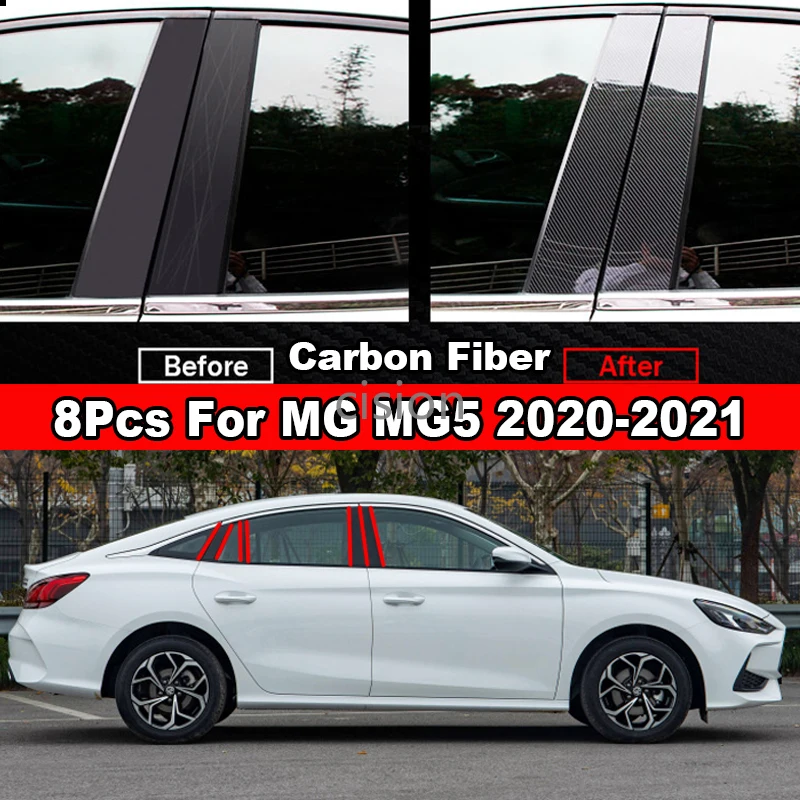 

8Pcs Glossy Carbon Fiber / Black Car Door Window Center Column BC Pillar Post Sticker Trim Mirror Effect for MG MG5 2020-2021