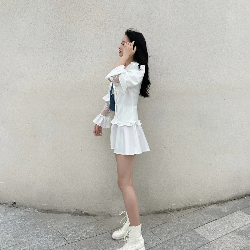 

Autumn French Style Solid Lace Patchwork Full Suit Dress Sweet Graceful Waist Hugging Above Knee, Mini Dresses Women