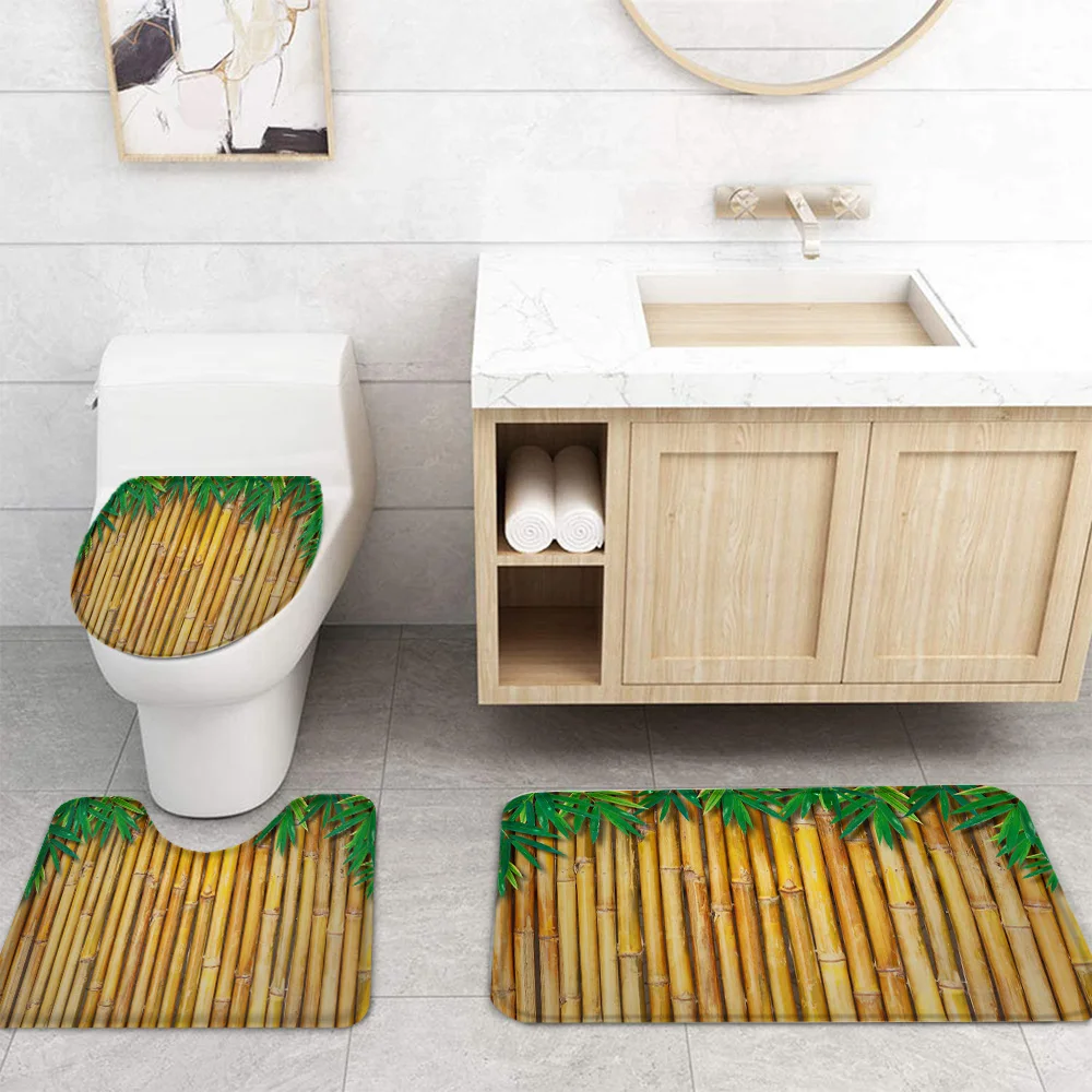 Бамбуковая занавеска для душа с желтыми листьями Набор чехлов унитаза