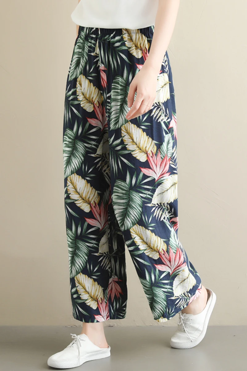 

Ladies Pants Capris Pockets Long-Trousers Leaves Pattern Women Harajuku loose Casual Wide leg pants DM001