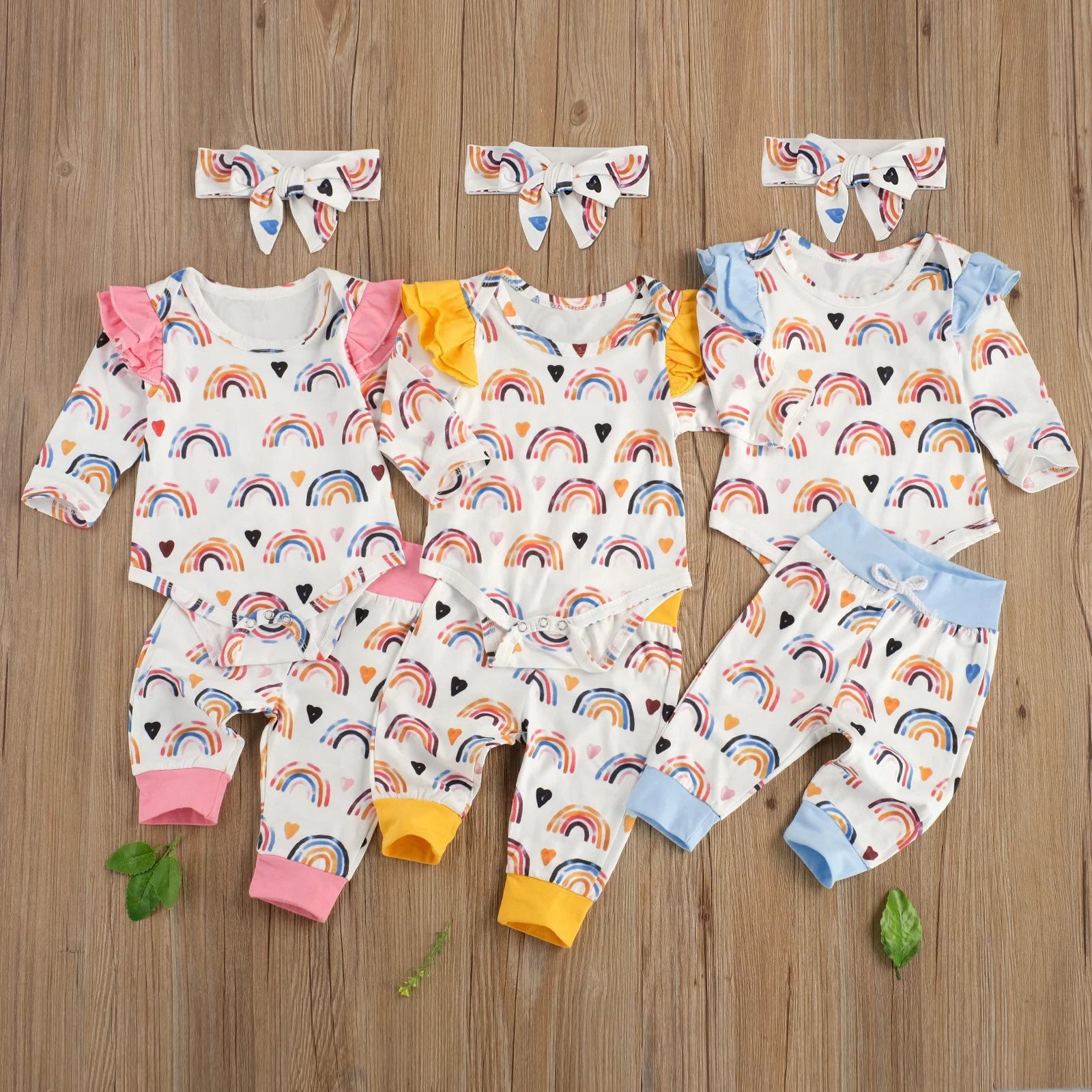 

Children's Rainbow Flying Sleeve Romper + Trousers + Headwear Three-piece Set
