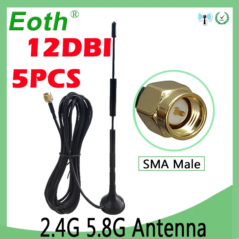 

5 PCS 5.8G Wifi Antenna SMA Male 12dbi 2.4G high-gain antena magnetic base Sucker antenna 3 meters extension cable wi-fi router