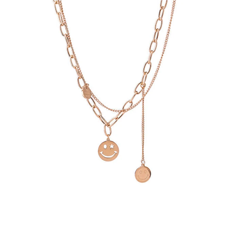 

Золотое ожерелье из титановой стали, Женская легкая Роскошная Двойная Цепочка со смайликом, подарок на день рождения и Рождество