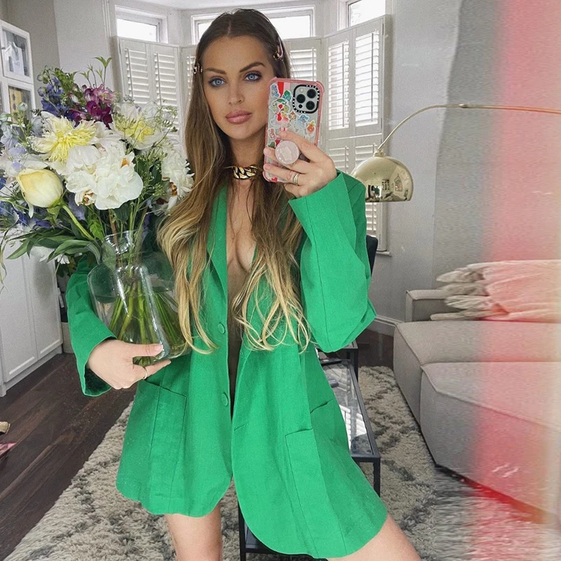 

Green Linen Blazer Jacket Women Casual Turn Down Collar Long Sleeve Single Breasted Streetwear New Vintage Office Wear Coat Tide