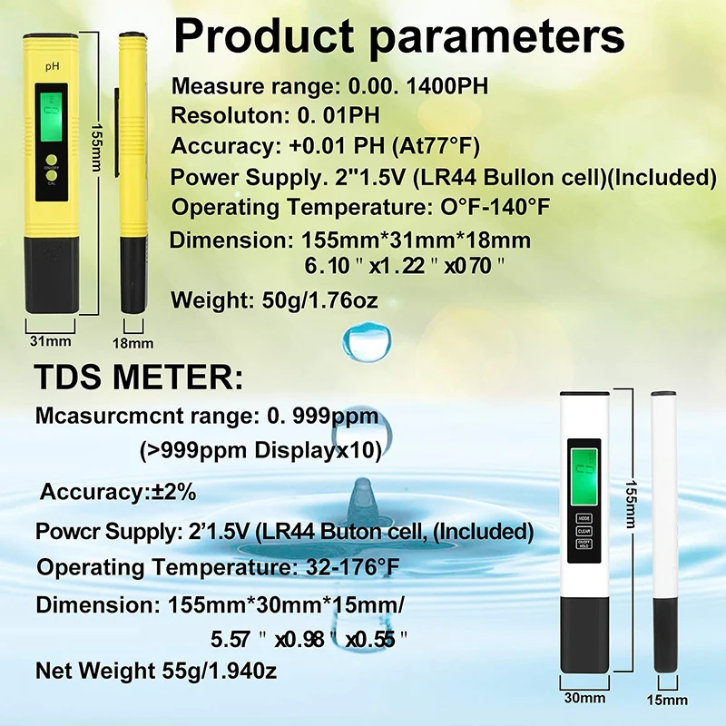 

PH Meter and TDS Meter Combination PH Tester Digital PH Meter Reading Accuracy 3 in 1 TDS EC Thermometer