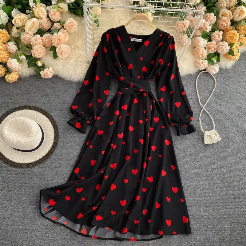 2021 винтажные любовные сердца печати платье Женская на весенний сезон Длинные
