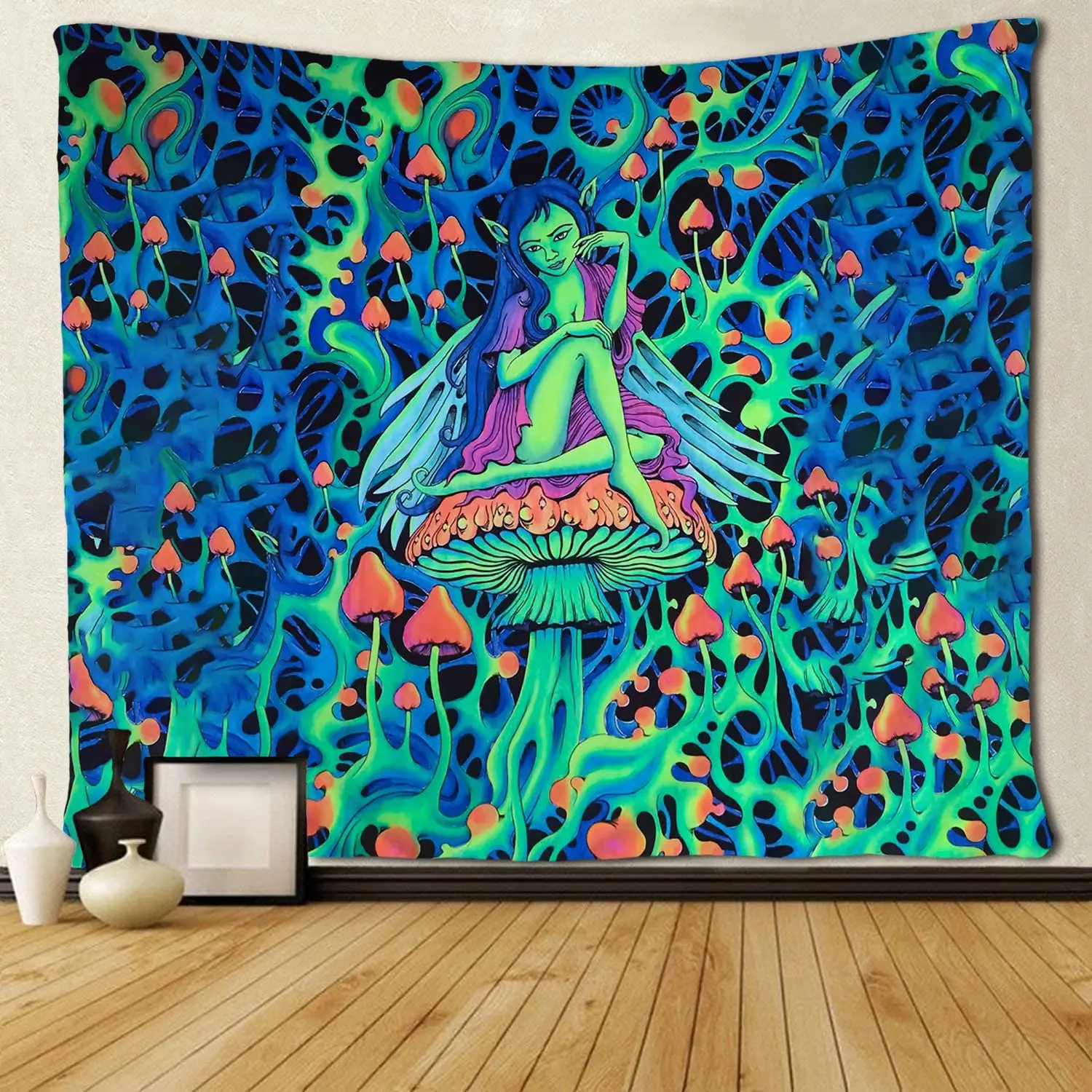

Magical Trippy Psychedelic Tapestry Green Alien Woman Sit On The Mushroom Tree Tapestries Wall Hanging