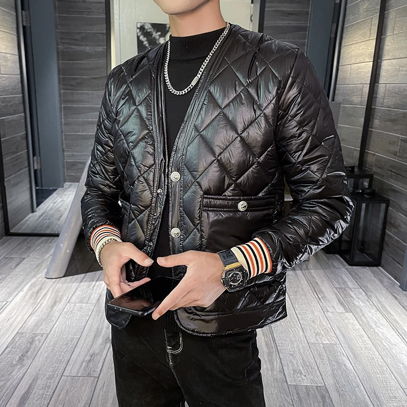 Winter Warm Collarless Thickened Parkas for Men's Korean Short Slim Jackets Casual Streetwear Social Coat Overcoat Male Clothing