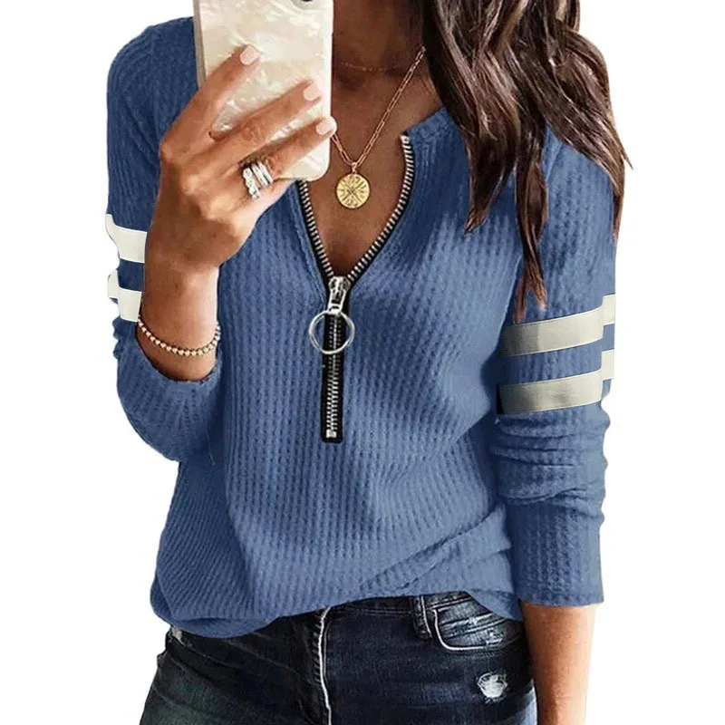 

Women's T Shirt Solid Zip Deep V Neck Pullover Pops Nice Spring Autumn Vogue Casual Long-Sleeved Street Hipster Ladies Tee