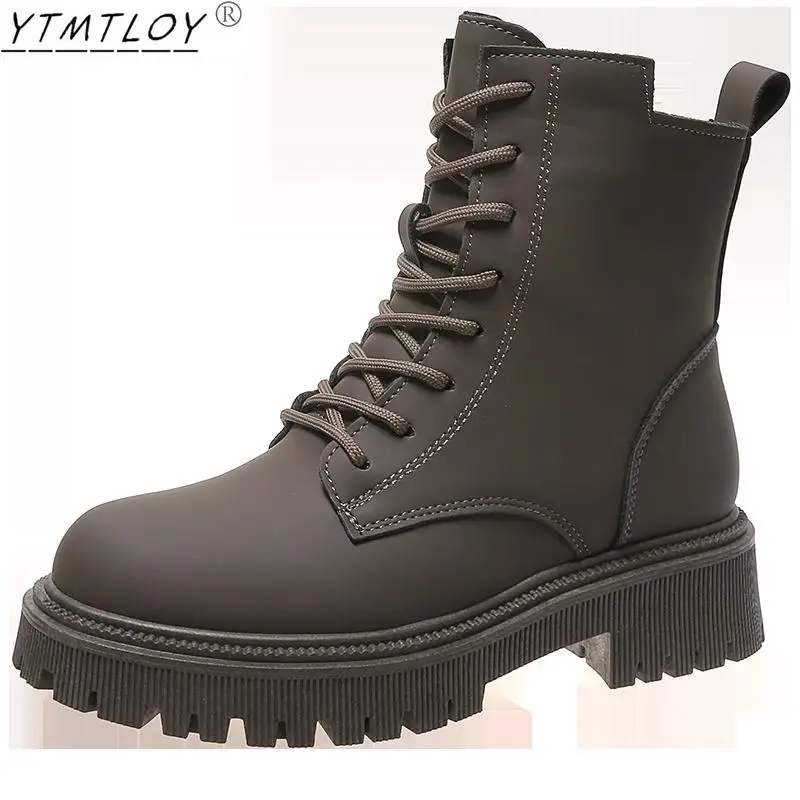 

2022 Winter Boots Fashion Shoes Platform Round Toe Front Lace-up Casual Autumn Leather Botas Mujer Ladies Ankle Boots