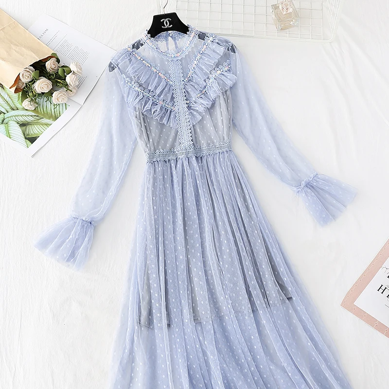 

Autumn Women Mesh Dot Dress Ladies Voile Full Sleeves Ruffles Hem French Vintage Party Ruffles Dresses Female Elegant Vestidos