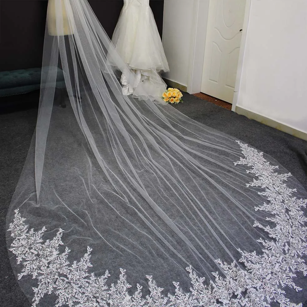 Сверкающая Кружевная аппликация свадебная вуаль длиной 3 метра однослойная Фата