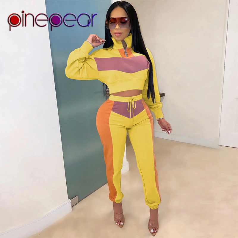 PinePear, женский спортивный комплект из двух предметов для фитнеса, длинный рукав, водолазка, топ, штаны, пэчворк,, модный спортивный костюм из 2 предметов