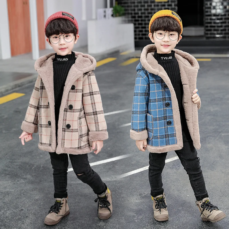 Купи Boy Hoodies Winter Autumn 2T-14T Thick Warm Plaid Fleece Kids Coat Long Sleeves Single Breasted Casual Clothes за 1,572 рублей в магазине AliExpress